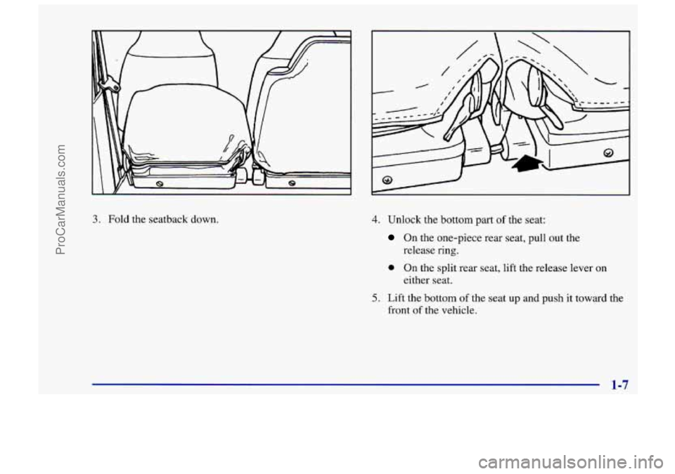 CHEVROLET TRACKER 1997 User Guide 3. Fold the seatback  down. 
1 
4. Unlock the bottom part of the seat: 
On the one-piece  rear  seat, pull out the 
release 
ring. 
0 On  the split  rear seat,  lift the release  lever  on 
either  se