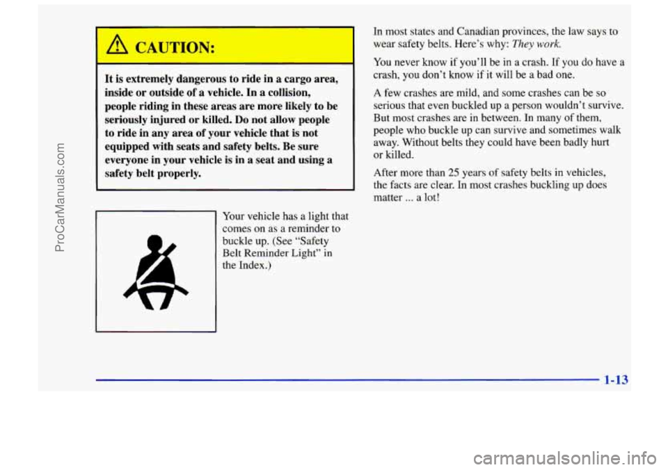 CHEVROLET TRACKER 1997 Owners Manual It is extremely dangerous to ride in a cargo area,
inside
or outside of a vehicle. In a collision,
people riding in these areas are more likely to be
seriously injured or killed.
D CHEVROLET TRACKER 1997 Owners Manual It is extremely dangerous to ride in a cargo area,
inside
or outside of a vehicle. In a collision,
people riding in these areas are more likely to be
seriously injured or killed.
D