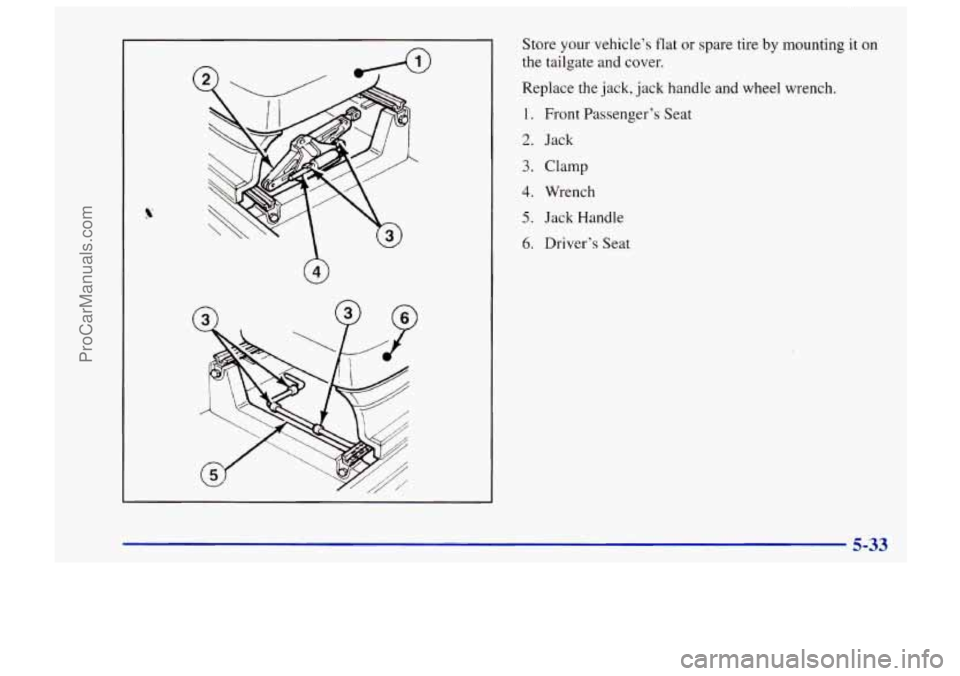 CHEVROLET TRACKER 1997 Owners Manual Store your vehicle’s flat or spare tire by mounting it on
the tailgate and cover.
Replace the jack, jack handle and wheel wrench.
1. Front Passenger’s Seat
2. Jack
3. Clamp
4. Wrenc CHEVROLET TRACKER 1997 Owners Manual Store your vehicle’s flat or spare tire by mounting it on
the tailgate and cover.
Replace the jack, jack handle and wheel wrench.
1. Front Passenger’s Seat
2. Jack
3. Clamp
4. Wrenc