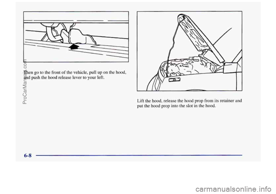 CHEVROLET TRACKER 1997 Owners Manual I I
Then go to the front of the vehicle, pull up on the hood,
and push the hood release lever
to your left.
Lift the hood, release the hood prop from its retainer and
put the hood prop
int CHEVROLET TRACKER 1997 Owners Manual I I
Then go to the front of the vehicle, pull up on the hood,
and push the hood release lever
to your left.
Lift the hood, release the hood prop from its retainer and
put the hood prop
int