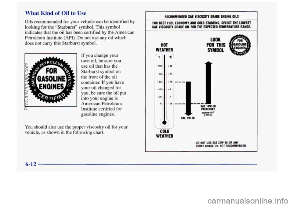 CHEVROLET TRACKER 1997 Owners Manual What Kind of Oil to Use
Oils recommended for your vehicle can be identified by
looking for the “Starburst” symbol. This symbol
indicates that the oil has been certified by the American CHEVROLET TRACKER 1997 Owners Manual What Kind of Oil to Use
Oils recommended for your vehicle can be identified by
looking for the “Starburst” symbol. This symbol
indicates that the oil has been certified by the American