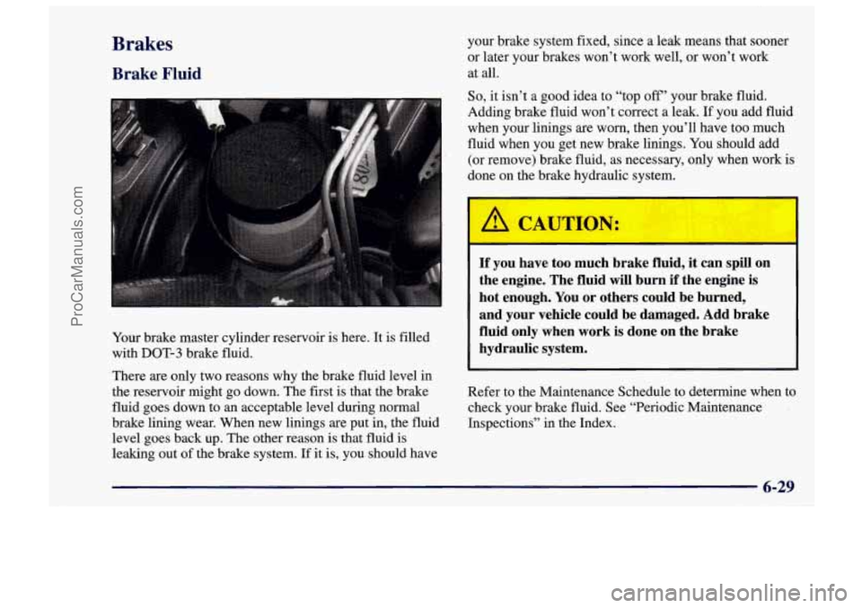 CHEVROLET TRACKER 1997 Owners Guide Brakes
Brake Fluid
Your brake master cylinder reservoir is here. It is filled
with DOT-3 brake fluid.
There
are only two reasons why the brake fluid level in
the reservoir might go down. T CHEVROLET TRACKER 1997 Owners Guide Brakes
Brake Fluid
Your brake master cylinder reservoir is here. It is filled
with DOT-3 brake fluid.
There
are only two reasons why the brake fluid level in
the reservoir might go down. T