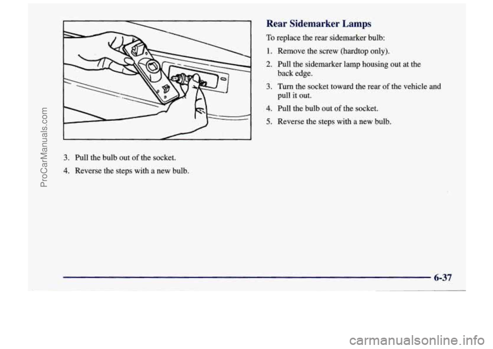 CHEVROLET TRACKER 1997  Owners Manual 3. Pull  the  bulb  out of the socket. 
4. Reverse  the  steps  with a new bulb. 
Rear  Sidemarker Lamps 
To replace  the  rear  sidemarker bulb: 
1. 
2. 
3. 
4. 
5. 
Remove  the  screw (hardtop  only