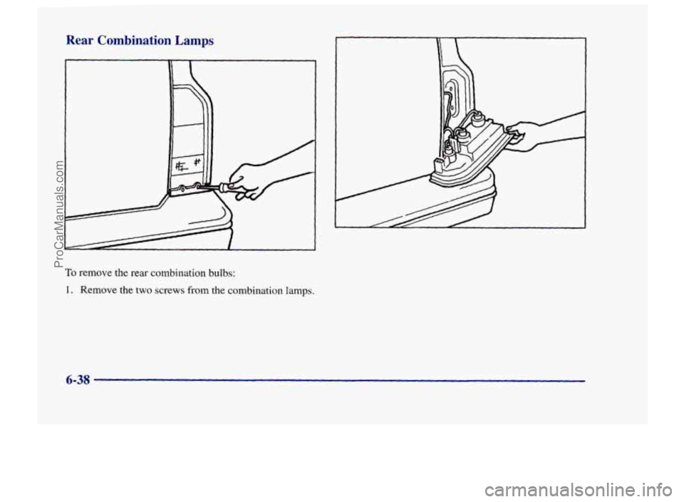 CHEVROLET TRACKER 1997  Owners Manual Rear Combination Lamps 
To remove the rear combination bulbs: 
1. Remove the two screws  from the combination lamps. 
6-38 
ProCarManuals.com 