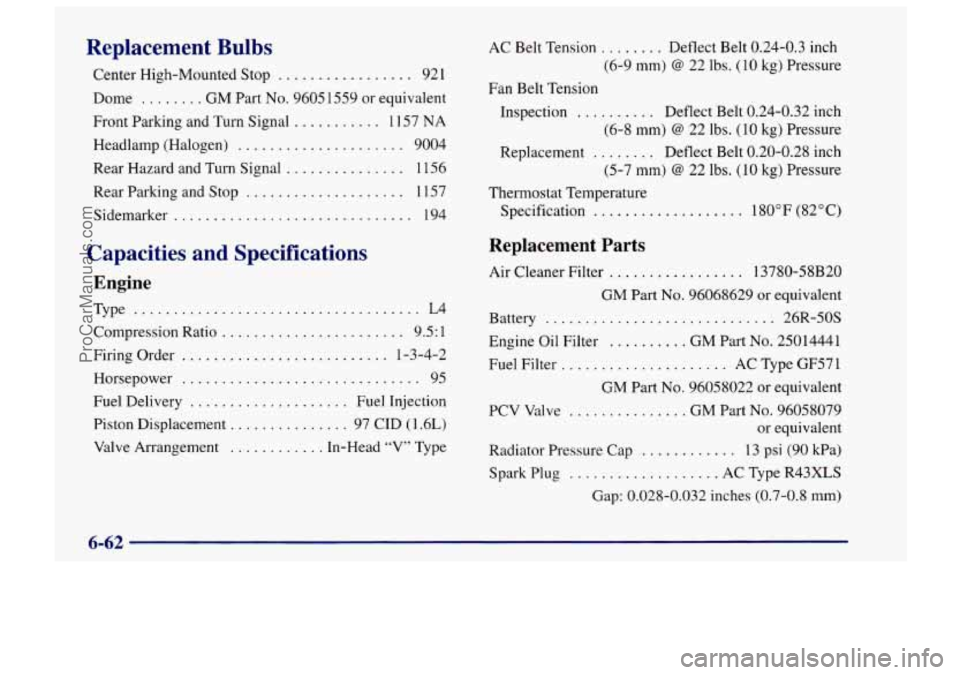 CHEVROLET TRACKER 1997 Owners Manual Replacement Bulbs
Center High-Mounted Stop ................. 921
Dome
........ GM Part No. 96051559 or equivalent
Front Parking and Turn Signal
........... 11 57 NA
Headlamp (Halogen) ..... CHEVROLET TRACKER 1997 Owners Manual Replacement Bulbs
Center High-Mounted Stop ................. 921
Dome
........ GM Part No. 96051559 or equivalent
Front Parking and Turn Signal
........... 11 57 NA
Headlamp (Halogen) .....