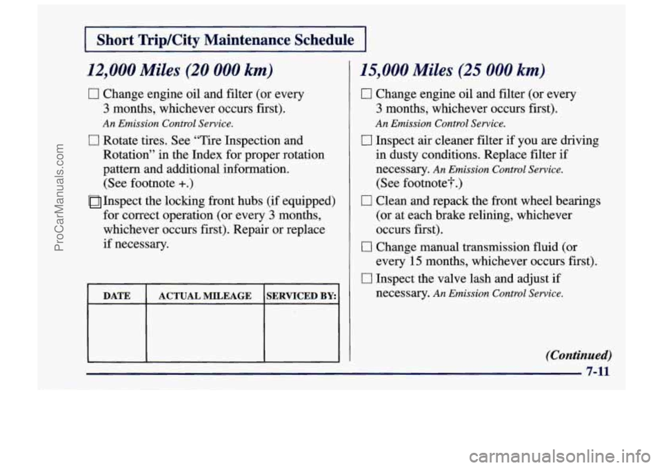 CHEVROLET TRACKER 1997 Owners Manual Short Trip/City Maintenance Schedule
12,000 Miles (20 000 km)
0 Change engine oil and filter (or every
3 months, whichever occurs first).
An Emission Control Service.
17 Rotate tires. See CHEVROLET TRACKER 1997 Owners Manual Short Trip/City Maintenance Schedule
12,000 Miles (20 000 km)
0 Change engine oil and filter (or every
3 months, whichever occurs first).
An Emission Control Service.
17 Rotate tires. See