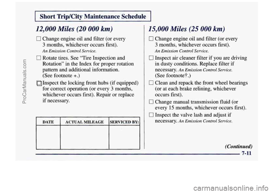CHEVROLET TRACKER 1997  Owners Manual Short  Trip/City  Maintenance  Schedule 
12,000 Miles (20 000 km) 
0 Change  engine oil and filter (or  every 
3 months, whichever  occurs first). 
An Emission  Control Service. 
17 Rotate tires. See 