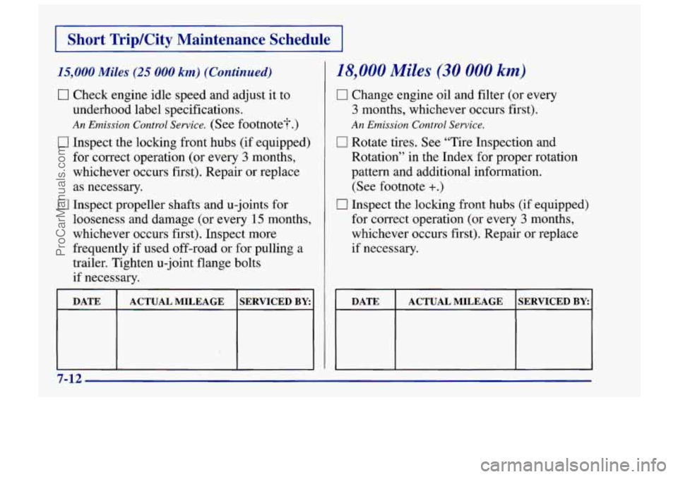 CHEVROLET TRACKER 1997 Owners Manual I Short TripKity Maintenance Schedule I
15,000 Miles (25 000 km) (Continued)
0 Check engine idle speed and adjust it to
underhood label specifications.
An Emission Control Service. (See foot CHEVROLET TRACKER 1997 Owners Manual I Short TripKity Maintenance Schedule I
15,000 Miles (25 000 km) (Continued)
0 Check engine idle speed and adjust it to
underhood label specifications.
An Emission Control Service. (See foot