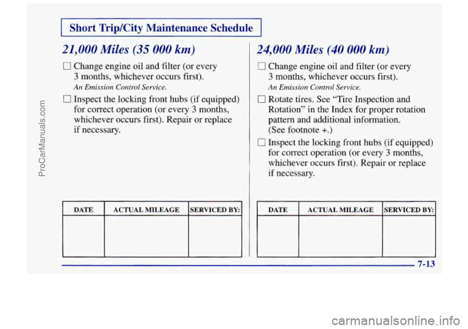 CHEVROLET TRACKER 1997 Owners Manual 1 Short Trip/City Maintenance Schedule 1
21,000 Miles (35 000 km)
0 Change engine oil and filter (or every
3 months, whichever occurs first).
An Emission Control Service.
0 Inspect the locki CHEVROLET TRACKER 1997 Owners Manual 1 Short Trip/City Maintenance Schedule 1
21,000 Miles (35 000 km)
0 Change engine oil and filter (or every
3 months, whichever occurs first).
An Emission Control Service.
0 Inspect the locki
