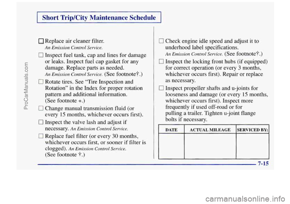 CHEVROLET TRACKER 1997 Owners Manual Short TripKity Maintenance Schedule
Replace air cleaner filter.
An Emission Control Sewice.
17 Inspect fuel tank, cap and lines for damage
or leaks. Inspect fuel cap gasket for any
da CHEVROLET TRACKER 1997 Owners Manual Short TripKity Maintenance Schedule
Replace air cleaner filter.
An Emission Control Sewice.
17 Inspect fuel tank, cap and lines for damage
or leaks. Inspect fuel cap gasket for any
da