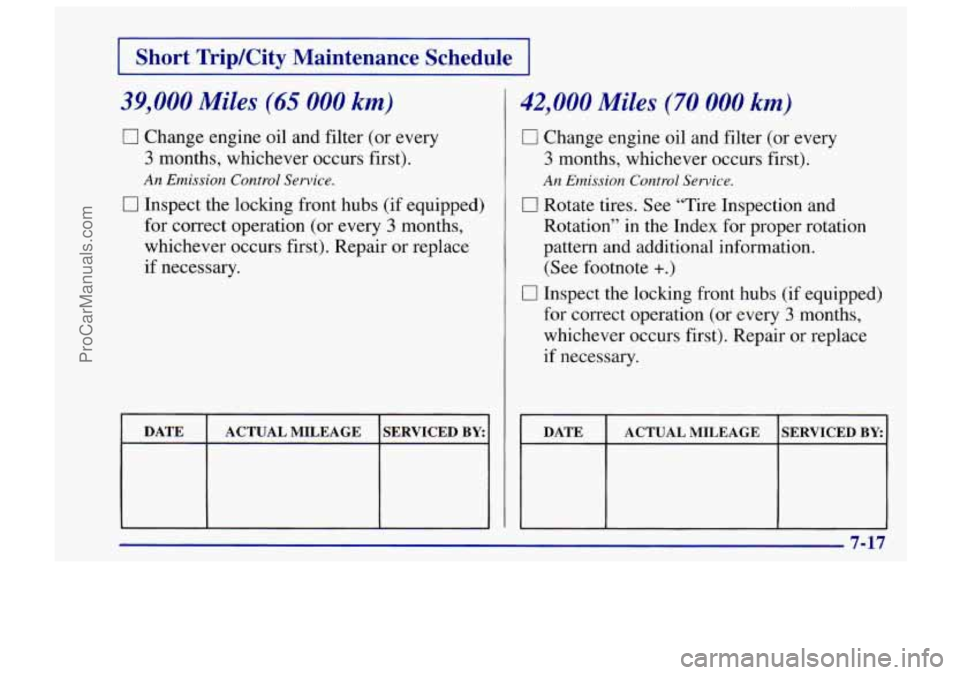 CHEVROLET TRACKER 1997 Owners Manual I Short TripKity Maintenance Schedule I
39,000 Miles (65 000 km)
0 Change engine oil and filter (or every
3 months, whichever occurs first).
An Emission Control Service.
0 Inspect the loc CHEVROLET TRACKER 1997 Owners Manual I Short TripKity Maintenance Schedule I
39,000 Miles (65 000 km)
0 Change engine oil and filter (or every
3 months, whichever occurs first).
An Emission Control Service.
0 Inspect the loc