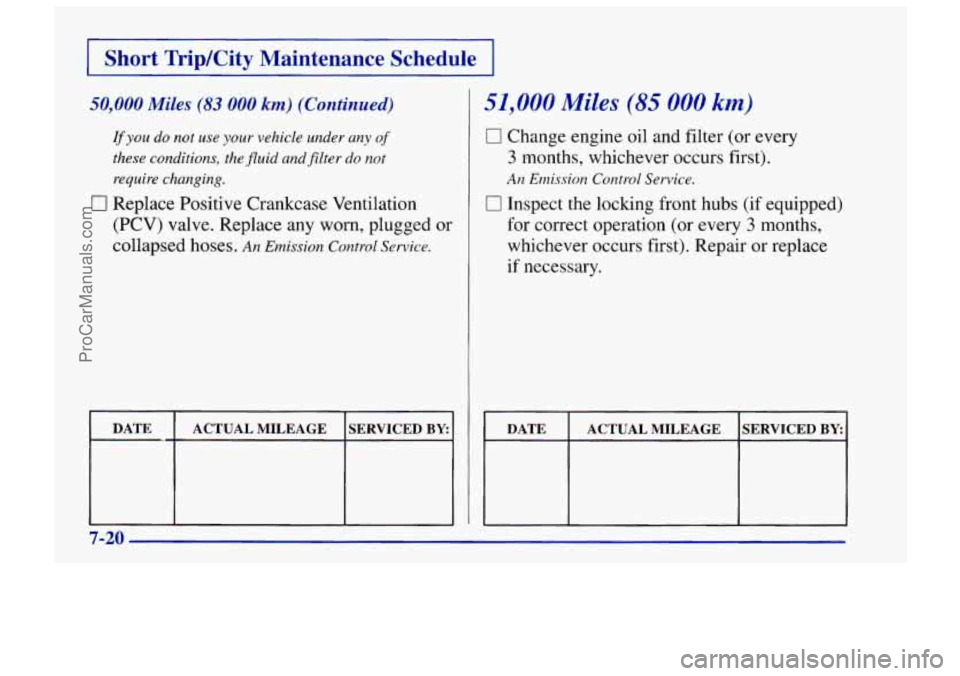 CHEVROLET TRACKER 1997 Owners Manual I Short Trip/City Maintenance Schedule I
50,000 Miles (83 000 km) (Continued)
If you do not use your vehicle under any of
these conditions, the fluid and filter do not
require changing.
0 CHEVROLET TRACKER 1997 Owners Manual I Short Trip/City Maintenance Schedule I
50,000 Miles (83 000 km) (Continued)
If you do not use your vehicle under any of
these conditions, the fluid and filter do not
require changing.
0