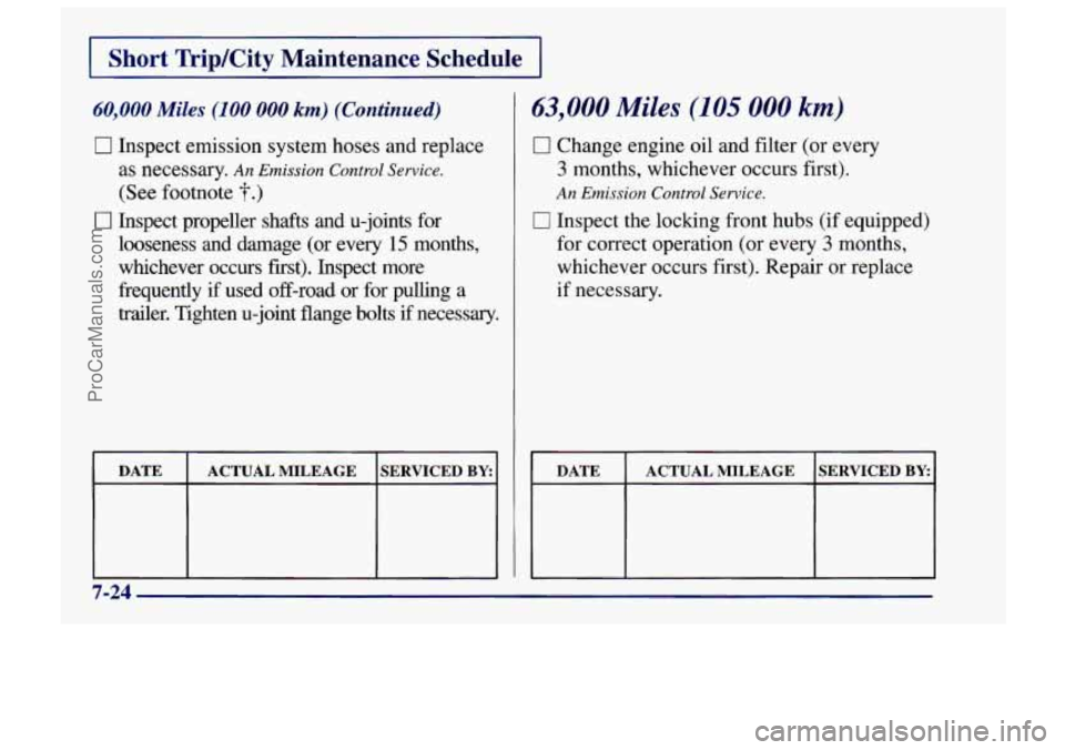 CHEVROLET TRACKER 1997 Owners Manual 7- I
I Short Trir’city Maintenance Schedule I
;O,OOO Miles ( PO 000 km) (Continued)
0 Inspect emission system hoses and replace
as necessary.
An Emission Control Service.
(See footnote T.) CHEVROLET TRACKER 1997 Owners Manual 7- I
I Short Trir’city Maintenance Schedule I
;O,OOO Miles ( PO 000 km) (Continued)
0 Inspect emission system hoses and replace
as necessary.
An Emission Control Service.
(See footnote T.)