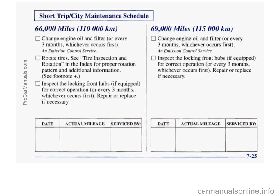 CHEVROLET TRACKER 1997 Owners Manual 1 Short TripKity Maintenance Schedule I
66,000 Miles (110 000 km)
0 Change engine oil and filter (or every
3 months, whichever occurs first).
0 Rotate tires. See “Tire Inspection and
Rot CHEVROLET TRACKER 1997 Owners Manual 1 Short TripKity Maintenance Schedule I
66,000 Miles (110 000 km)
0 Change engine oil and filter (or every
3 months, whichever occurs first).
0 Rotate tires. See “Tire Inspection and
Rot