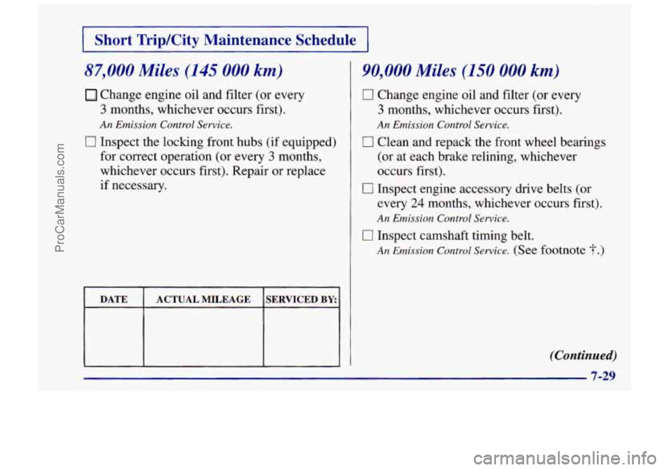 CHEVROLET TRACKER 1997 Owners Manual I Short Trip/City Maintenance Schedule I
87,000 Miles (145 000 km)
Change engine oil and filter (or every
3 months, whichever occurs first).
An Emission Control Service.
0 Inspect the locl CHEVROLET TRACKER 1997 Owners Manual I Short Trip/City Maintenance Schedule I
87,000 Miles (145 000 km)
Change engine oil and filter (or every
3 months, whichever occurs first).
An Emission Control Service.
0 Inspect the locl