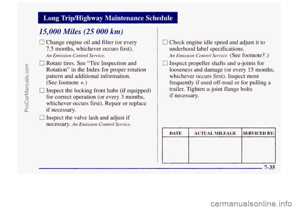 CHEVROLET TRACKER 1997 Owners Manual 15,000 Miles (25 000 km)
0 Change engine oil and filter (or every
7.5 months, whichever occurs first).
0 Rotate tires. See “Tire Inspection and
Rotation” in the Index for proper rotation
p CHEVROLET TRACKER 1997 Owners Manual 15,000 Miles (25 000 km)
0 Change engine oil and filter (or every
7.5 months, whichever occurs first).
0 Rotate tires. See “Tire Inspection and
Rotation” in the Index for proper rotation
p