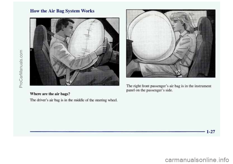 CHEVROLET TRACKER 1997 Owners Guide How the Air Bag System Works
Where are the air bags?
The driver’s air bag is in the middle of the steering wheel. The right
front passenger’s air bag
is in the instrument
panel on the CHEVROLET TRACKER 1997 Owners Guide How the Air Bag System Works
Where are the air bags?
The driver’s air bag is in the middle of the steering wheel. The right
front passenger’s air bag
is in the instrument
panel on the