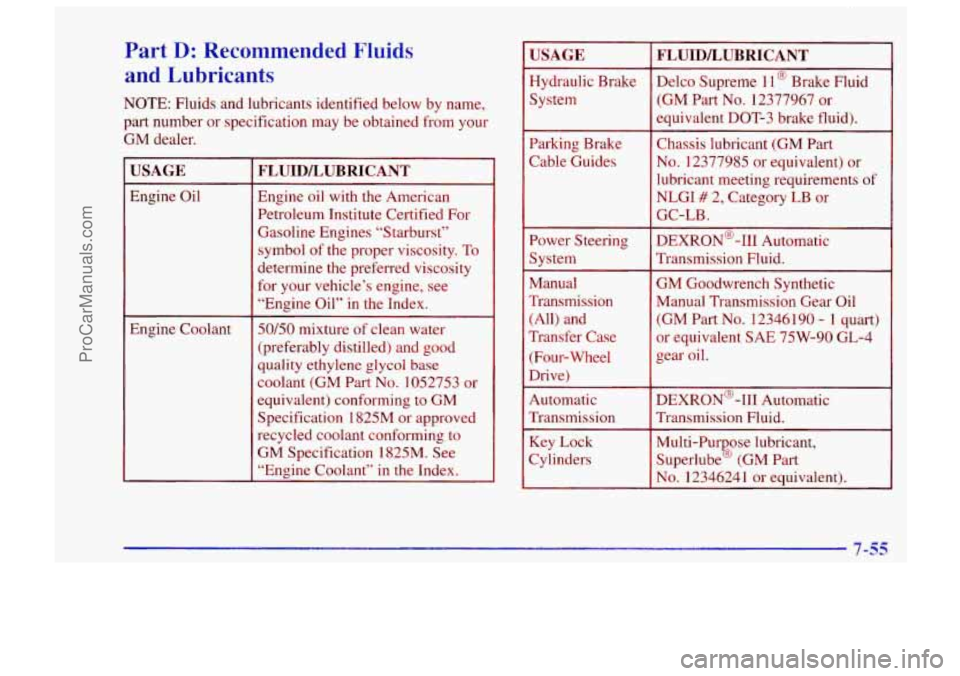 CHEVROLET TRACKER 1997 Owners Manual Part D: Recommended Fluids
and Lubricants
NOTE: Fluids and lubricants identified below by name,
part number or specification may be obtained from your
GM dealer.
USAGE
Engine Oil
Engin CHEVROLET TRACKER 1997 Owners Manual Part D: Recommended Fluids
and Lubricants
NOTE: Fluids and lubricants identified below by name,
part number or specification may be obtained from your
GM dealer.
USAGE
Engine Oil
Engin