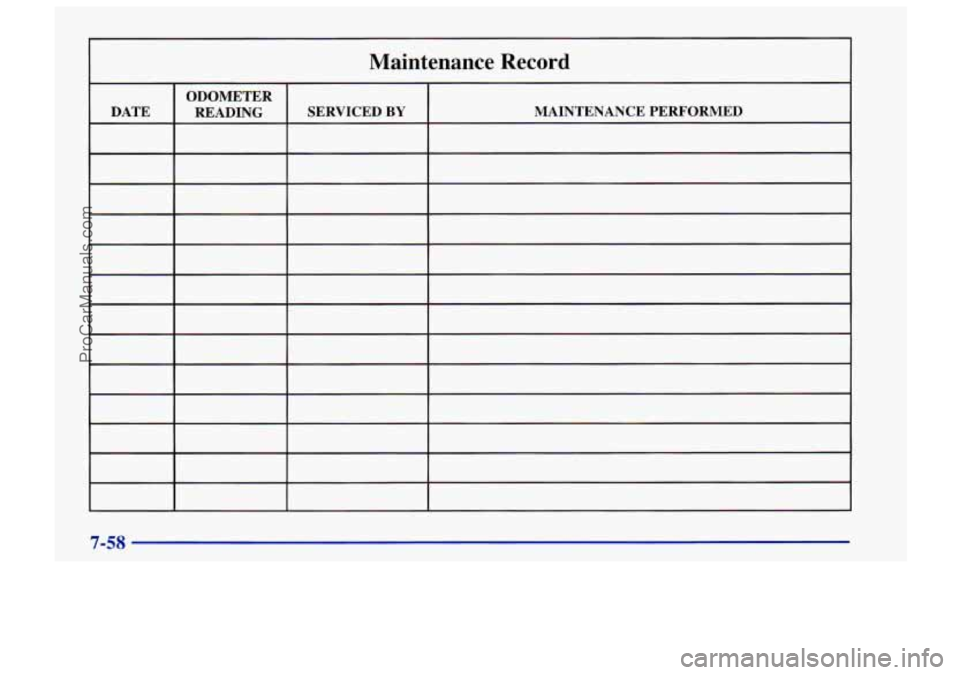 CHEVROLET TRACKER 1997 Owners Manual Maintenance Record
7-58
ProCarManuals.com CHEVROLET TRACKER 1997 Owners Manual Maintenance Record
7-58
ProCarManuals.com
