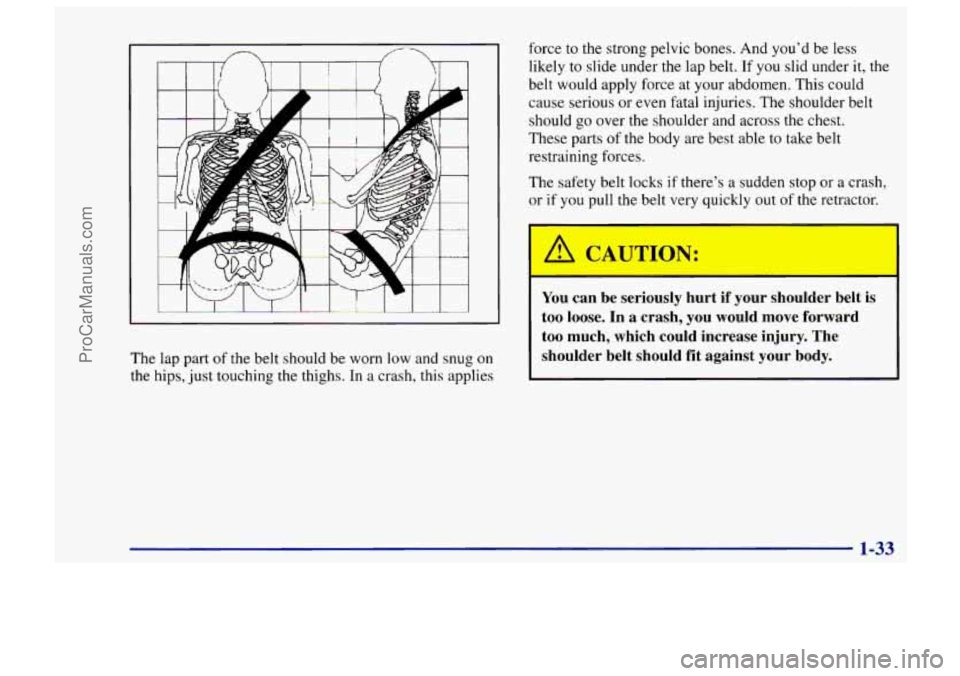 CHEVROLET TRACKER 1997 Service Manual force to the strong pelvic bones. And you’d be less
likely to slide under the lap belt.
If you slid under it, the
belt would apply force at your abdomen. This could
cause serious or CHEVROLET TRACKER 1997 Service Manual force to the strong pelvic bones. And you’d be less
likely to slide under the lap belt.
If you slid under it, the
belt would apply force at your abdomen. This could
cause serious or
