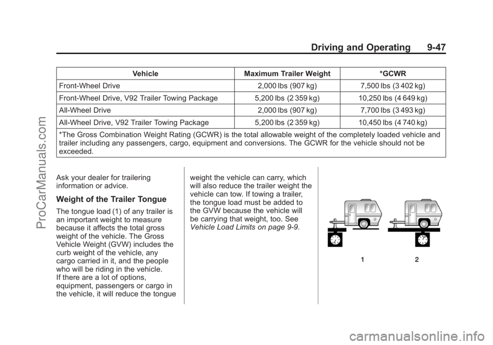CHEVROLET TRAVERSE 2013 Owners Manual Black plate (47,1)Chevrolet Traverse Owner Manual - 2013 - CRC 2nd Edition - 11/13/12
Driving and Operating 9-47
VehicleMaximum Trailer Weight *GCWR
Front-Wheel Drive 2,000 lbs (907 kg)7,500 lbs (3 40 CHEVROLET TRAVERSE 2013 Owners Manual Black plate (47,1)Chevrolet Traverse Owner Manual - 2013 - CRC 2nd Edition - 11/13/12
Driving and Operating 9-47
VehicleMaximum Trailer Weight *GCWR
Front-Wheel Drive 2,000 lbs (907 kg)7,500 lbs (3 40