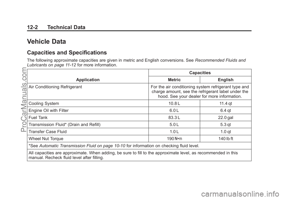 CHEVROLET TRAVERSE 2013  Owners Manual Black plate (2,1)Chevrolet Traverse Owner Manual - 2013 - CRC 2nd Edition - 11/13/12
12-2 Technical Data
Vehicle Data
Capacities and Specifications
The following approximate capacities are given in me