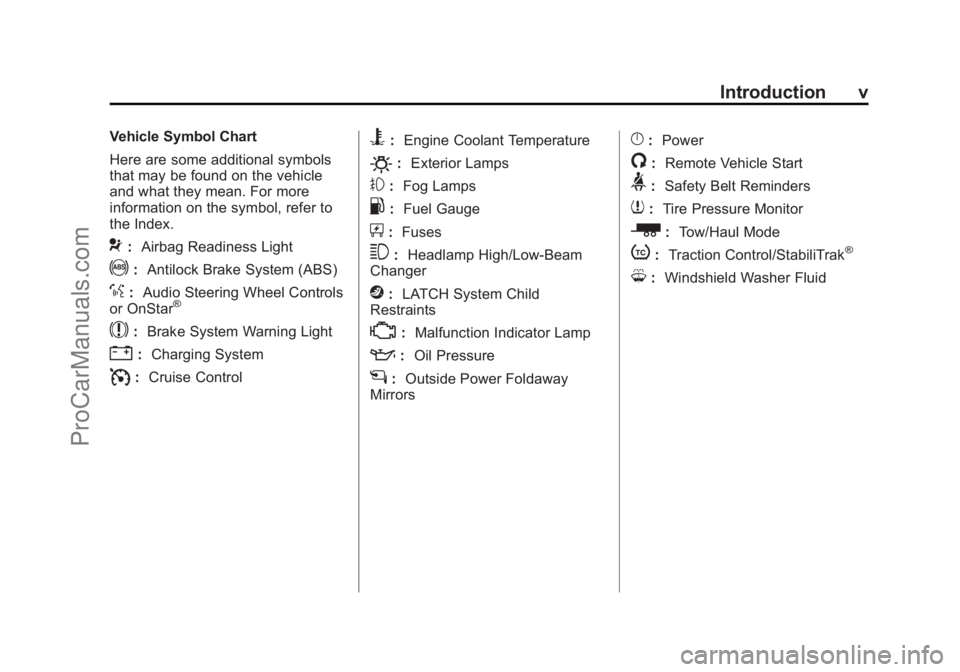 CHEVROLET TRAVERSE 2013 Owners Manual Black plate (5,1)Chevrolet Traverse Owner Manual - 2013 - CRC 2nd Edition - 11/13/12
Introduction v
Vehicle Symbol Chart
Here are some additional symbols
that may be found on the vehicle
and what they CHEVROLET TRAVERSE 2013 Owners Manual Black plate (5,1)Chevrolet Traverse Owner Manual - 2013 - CRC 2nd Edition - 11/13/12
Introduction v
Vehicle Symbol Chart
Here are some additional symbols
that may be found on the vehicle
and what they