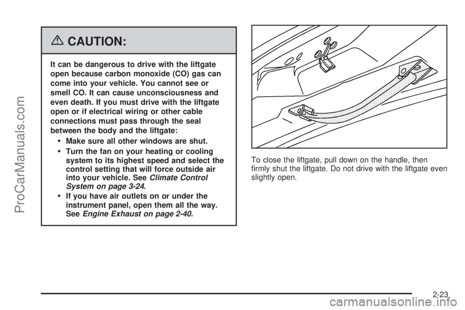 CHEVROLET UPLANDER 2006  Owners Manual {CAUTION:
It can be dangerous to drive with the liftgate
open because carbon monoxide (CO) gas can
come into your vehicle. You cannot see or
smell CO. It can cause unconsciousness and
even death. If y