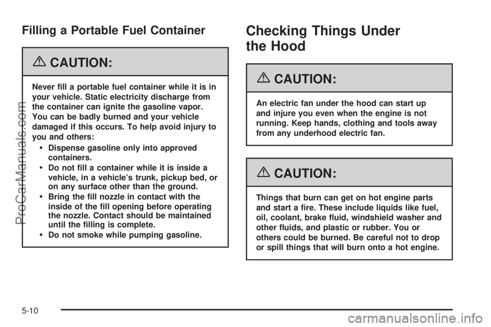 CHEVROLET UPLANDER 2006 Owners Manual Filling a Portable Fuel Container
{CAUTION:
Never �ll a portable fuel container while it is in
your vehicle. Static electricity discharge from
the container can ignite the gasoline vapor.
You can be b