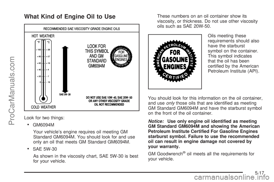 CHEVROLET UPLANDER 2006 Owners Manual What Kind of Engine Oil to Use
Look for two things:
GM6094M
Your vehicle’s engine requires oil meeting GM
Standard GM6094M. You should look for and use
only an oil that meets GM Standard GM6094M.
CHEVROLET UPLANDER 2006 Owners Manual What Kind of Engine Oil to Use
Look for two things:
GM6094M
Your vehicle’s engine requires oil meeting GM
Standard GM6094M. You should look for and use
only an oil that meets GM Standard GM6094M.
