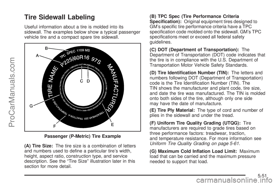 CHEVROLET UPLANDER 2006  Owners Manual Tire Sidewall Labeling
Useful information about a tire is molded into its
sidewall. The examples below show a typical passenger
vehicle tire and a compact spare tire sidewall.
(A) Tire Size:The tire s