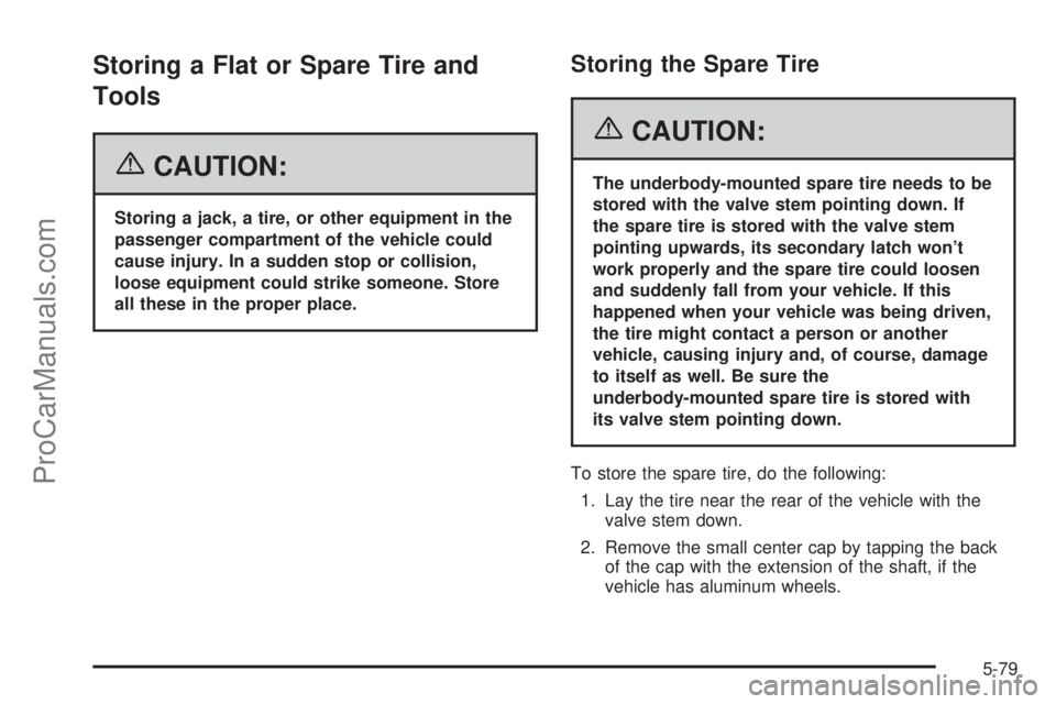 CHEVROLET UPLANDER 2006  Owners Manual Storing a Flat or Spare Tire and
Tools
{CAUTION:
Storing a jack, a tire, or other equipment in the
passenger compartment of the vehicle could
cause injury. In a sudden stop or collision,
loose equipme