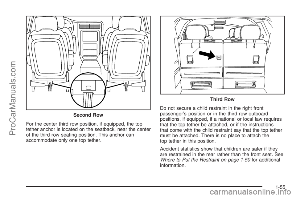 CHEVROLET UPLANDER 2006 Repair Manual For the center third row position, if equipped, the top
tether anchor is located on the seatback, near the center
of the third row seating position. This anchor can
accommodate only one top tether.Do CHEVROLET UPLANDER 2006 Repair Manual For the center third row position, if equipped, the top
tether anchor is located on the seatback, near the center
of the third row seating position. This anchor can
accommodate only one top tether.Do