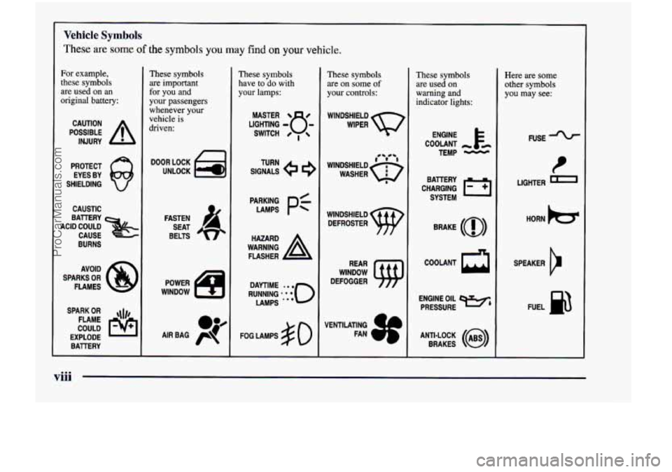 CHEVROLET VENTURE 1998 User Guide Vehicle Symbols
These are some of the symbols you may find on your vehicle.
For example,
these symbols
are used on an
original battery:
POSSIBLE A
CAUTION
INJURY
PROTECT EYES BY
SHIE CHEVROLET VENTURE 1998 User Guide Vehicle Symbols
These are some of the symbols you may find on your vehicle.
For example,
these symbols
are used on an
original battery:
POSSIBLE A
CAUTION
INJURY
PROTECT EYES BY
SHIE