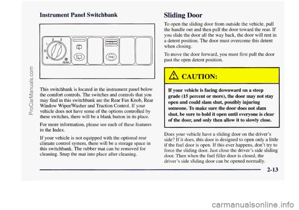 CHEVROLET VENTURE 1998  Owners Manual Instrument  Panel  Switchbank Sliding Door 
IF, L 
This  switchbank  is  located  in  the  instrument  panel  below the  comfort  controls.  The switches  and  controls  that  you 
may  find 
in this 