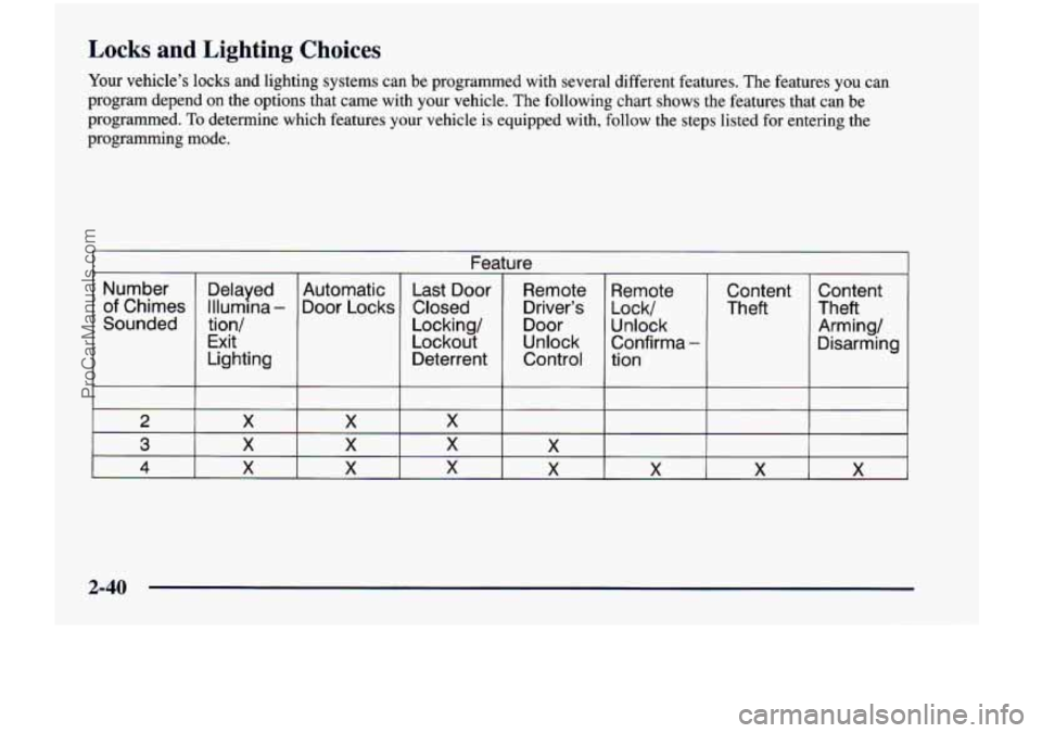CHEVROLET VENTURE 1998  Owners Manual Locks and Lighting Choices 
Your  vehicle’s  locks  and  lighting  systems  can  be  programmed  \
with  several  different  features.  The  features  you  can 
program  depend 
on the  options  tha