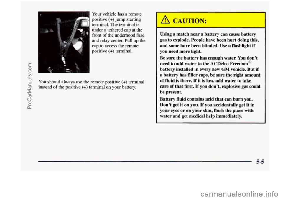 CHEVROLET VENTURE 1998 Owners Manual Your vehicle has a remote
positive (+)jump starting
terminal. The terminal is
under a tethered cap at the
front of the underhood fuse
and relay center. Pull up
the
cap to acc CHEVROLET VENTURE 1998 Owners Manual Your vehicle has a remote
positive (+)jump starting
terminal. The terminal is
under a tethered cap at the
front of the underhood fuse
and relay center. Pull up
the
cap to acc