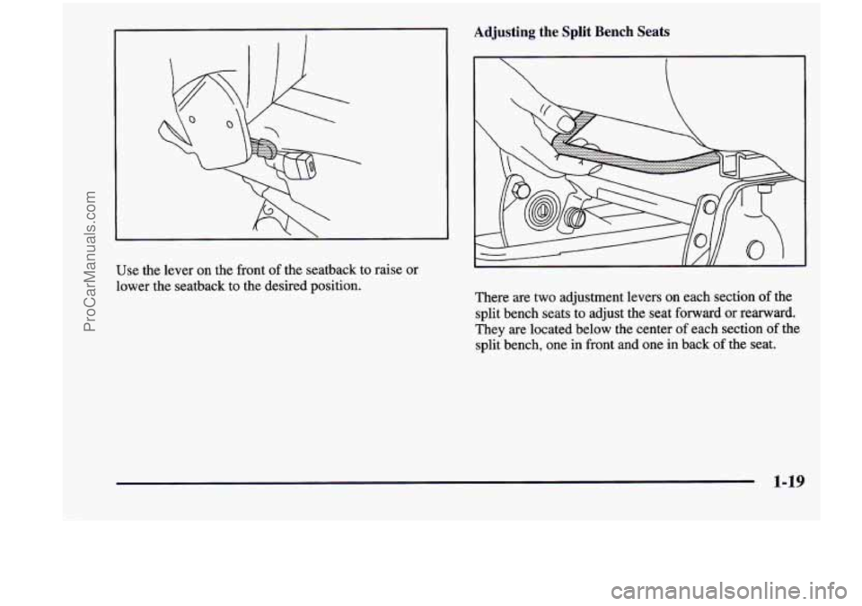 CHEVROLET VENTURE 1998  Owners Manual Use the lever on the  front of the  seatback  to  raise  or 
lower  the  seatback  to  the  desired  position. 
Adjusting  the  Split  Bench  Seats 
There  are two adjustment  levers  on  each  sectio