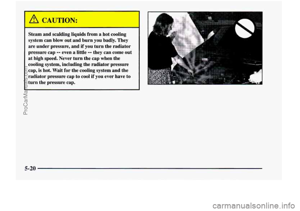 CHEVROLET VENTURE 1998  Owners Manual A CAUTION: 
Steam  and  scalding  liquids  from  a  hot cooling 
system  can blow  out  and  burn you  badly.  They 
are  under  pressure,  and 
if you  turn  the  radiator 
pressure  cap 
-- even a l