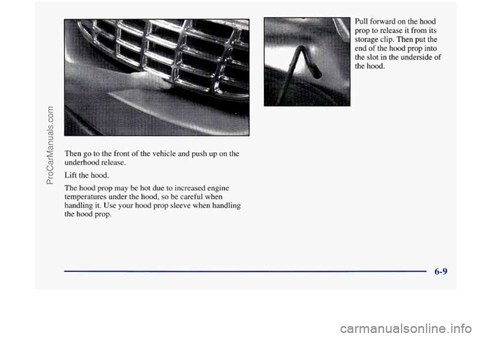 CHEVROLET VENTURE 1998  Owners Manual : . ... , .., . , 
Then  go to the  front  of  the  vehicle  and  push  up on the 
underhood  release. 
Lift  the  hood. 
The hood  prop  may  be hot due to increased  engine 
temperatures  under  the