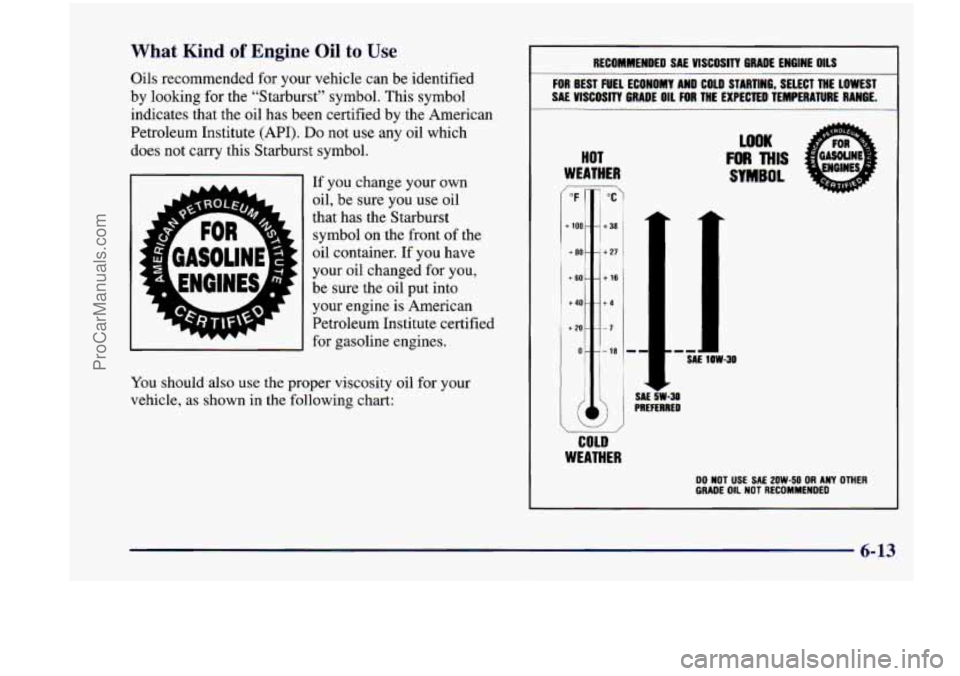 CHEVROLET VENTURE 1998  Owners Manual What Kind of Engine  Oil to Use RECOMMENDED SAE YlSCOSlTT  GRADE ENGINE  OILS 
Oils  recommended  for your  vehicle  can  be identified 
by  loolung for  the  “Starburst”  symbol. This symbol 
ind
