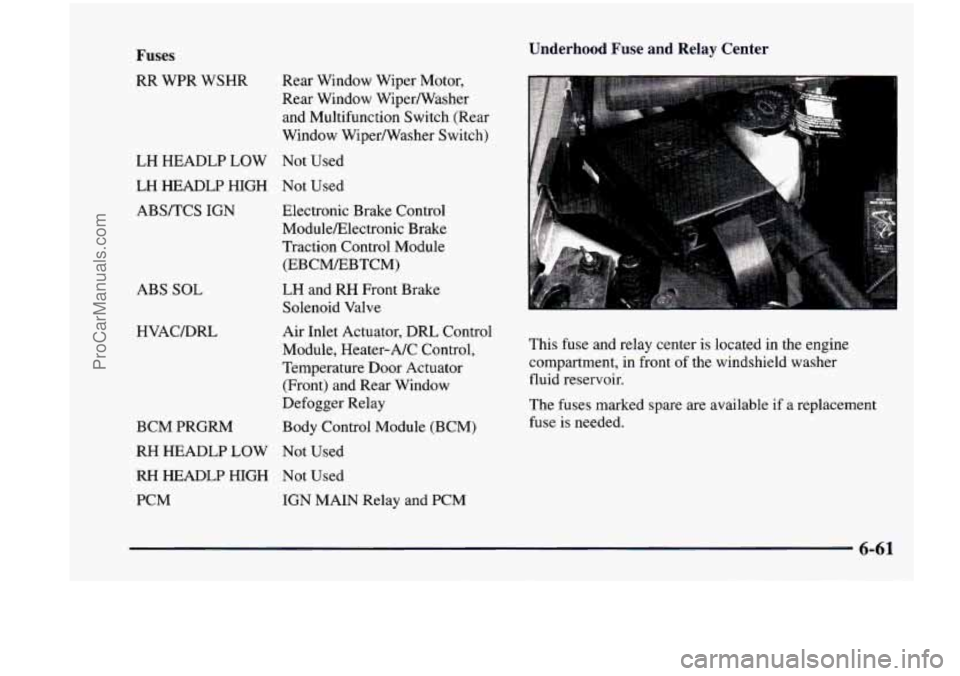 CHEVROLET VENTURE 1998 Owners Manual Fuses
RR WPR WSHR Rear Window Wiper Motor,
Rear Window Wipermasher
and Multifunction Switch (Rear
Window Wipermasher Switch)
LH HEADLP LOW Not Used
LH HEADLP HIGH Not Used ABS/T CHEVROLET VENTURE 1998 Owners Manual Fuses
RR WPR WSHR Rear Window Wiper Motor,
Rear Window Wipermasher
and Multifunction Switch (Rear
Window Wipermasher Switch)
LH HEADLP LOW Not Used
LH HEADLP HIGH Not Used ABS/T