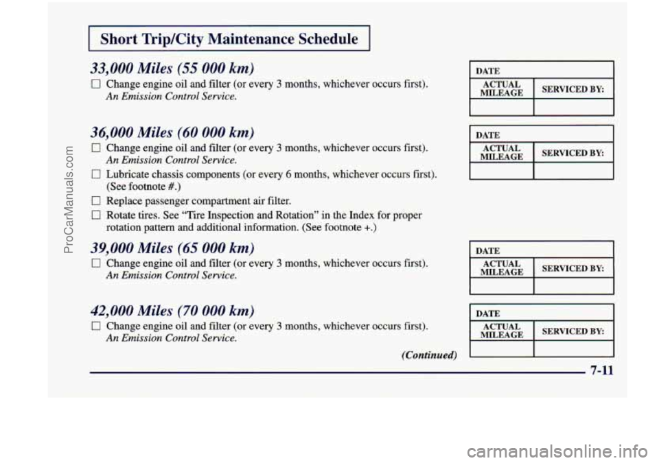 CHEVROLET VENTURE 1998 Owners Manual I Short  Trip/City  Maintenance  Schedule I 
33,000 Miles (55 000 km) 
0 Change engine oil and filter (or  every 3 months, whichever  occurs  first). 
An Emission Control Service. 
36,000 Miles (60 00