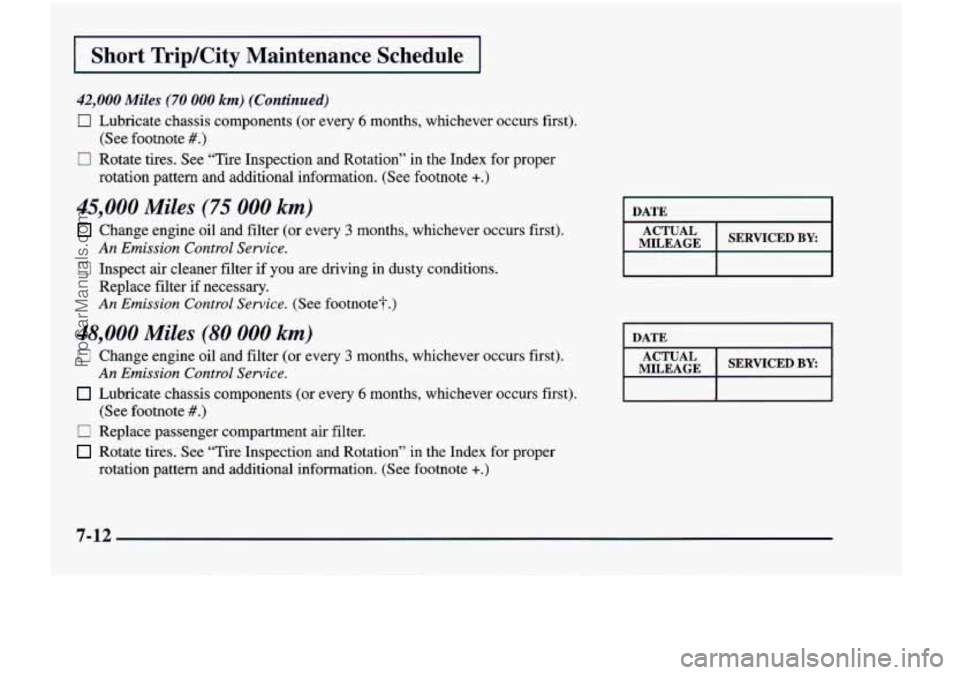 CHEVROLET VENTURE 1998 Owners Manual I Short Trip/City Maintenance Schedule I
42,000 Miles (70 000 km) (Continued)
0 Lubricate chassis components (or every 6 months, whichever occurs first).
0 Rotate tires. See “Tire Insp CHEVROLET VENTURE 1998 Owners Manual I Short Trip/City Maintenance Schedule I
42,000 Miles (70 000 km) (Continued)
0 Lubricate chassis components (or every 6 months, whichever occurs first).
0 Rotate tires. See “Tire Insp