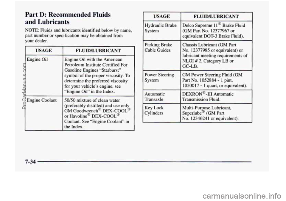 CHEVROLET VENTURE 1998 Owners Manual Part D: Recommended Fluids
and Lubricants
NOTE: Fluids and lubricants identified below by name,
part number or specification may be obtained from your dealer.
USAGE FLUIDLUBRICANT CHEVROLET VENTURE 1998 Owners Manual Part D: Recommended Fluids
and Lubricants
NOTE: Fluids and lubricants identified below by name,
part number or specification may be obtained from your dealer.
USAGE FLUIDLUBRICANT