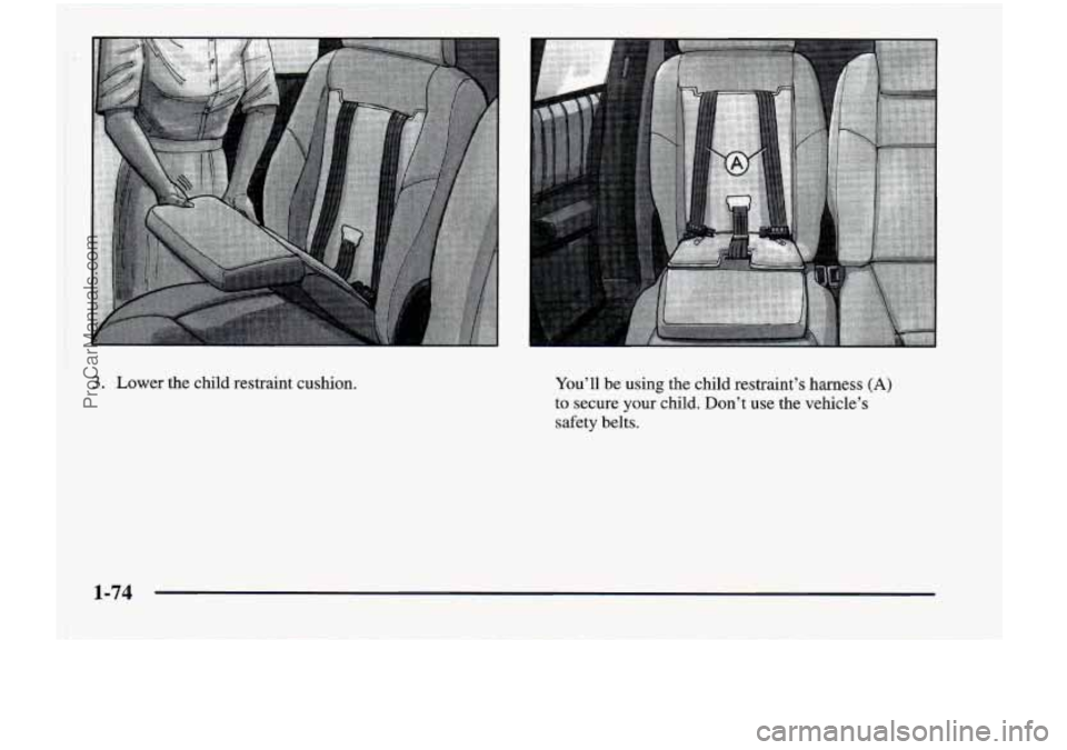 CHEVROLET VENTURE 1998 Manual Online 3. Lower the  child  restraint  cushion. You’ll  be  using  the  child  restraint’s  harness (A) 
to  secure  your  child.  Don’t  use  the  vehicle’s 
safety  belts. 
ProCarManuals.com 