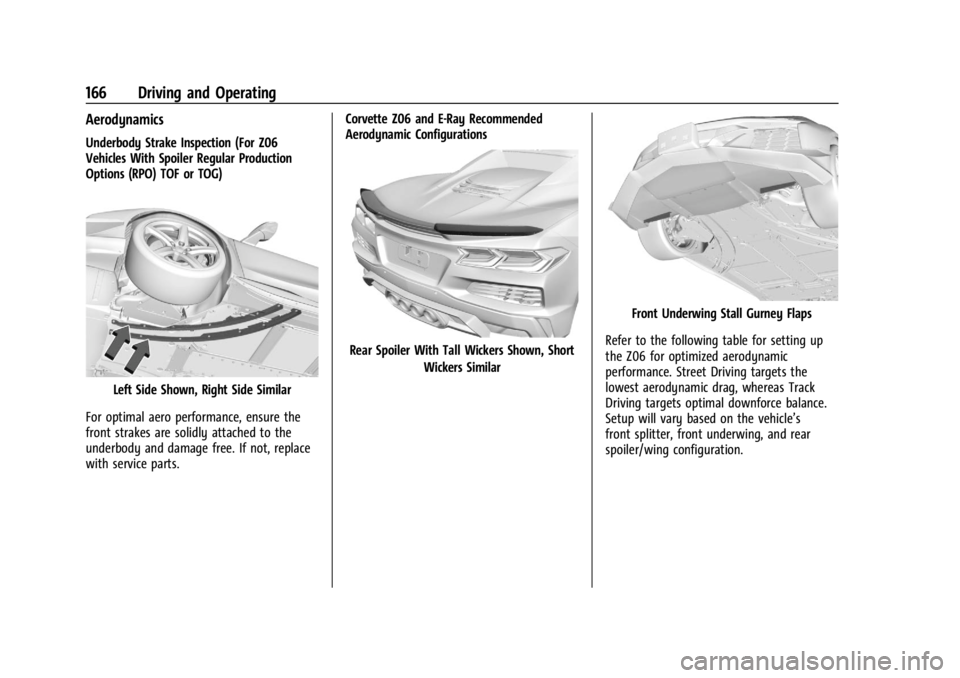 CHEVROLET CORVETTE 2024  Owners Manual Chevrolet Corvette Owner Manual (GMNA-Localizing-U.S./Canada/Mexico-
17272984) - 2024 - CRC - 2/20/23
166 Driving and Operating
Aerodynamics
Underbody Strake Inspection (For Z06
Vehicles With Spoiler 