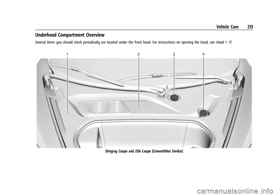 CHEVROLET CORVETTE 2024 Owners Manual Chevrolet Corvette Owner Manual (GMNA-Localizing-U.S./Canada/Mexico-
17272984) - 2024 - CRC - 2/20/23
Vehicle Care 235
Underhood Compartment Overview
Several items you should check periodically are lo CHEVROLET CORVETTE 2024 Owners Manual Chevrolet Corvette Owner Manual (GMNA-Localizing-U.S./Canada/Mexico-
17272984) - 2024 - CRC - 2/20/23
Vehicle Care 235
Underhood Compartment Overview
Several items you should check periodically are lo