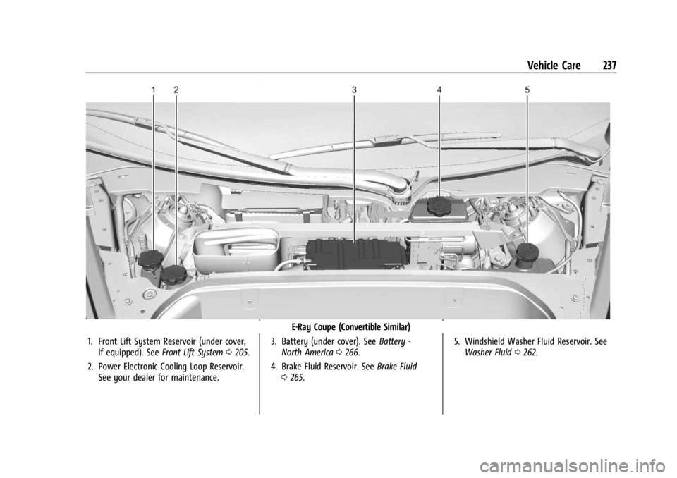 CHEVROLET CORVETTE 2024 Owners Manual Chevrolet Corvette Owner Manual (GMNA-Localizing-U.S./Canada/Mexico-
17272984) - 2024 - CRC - 2/20/23
Vehicle Care 237
E-Ray Coupe (Convertible Similar)
1. Front Lift System Reservoir (under cover, if CHEVROLET CORVETTE 2024 Owners Manual Chevrolet Corvette Owner Manual (GMNA-Localizing-U.S./Canada/Mexico-
17272984) - 2024 - CRC - 2/20/23
Vehicle Care 237
E-Ray Coupe (Convertible Similar)
1. Front Lift System Reservoir (under cover, if