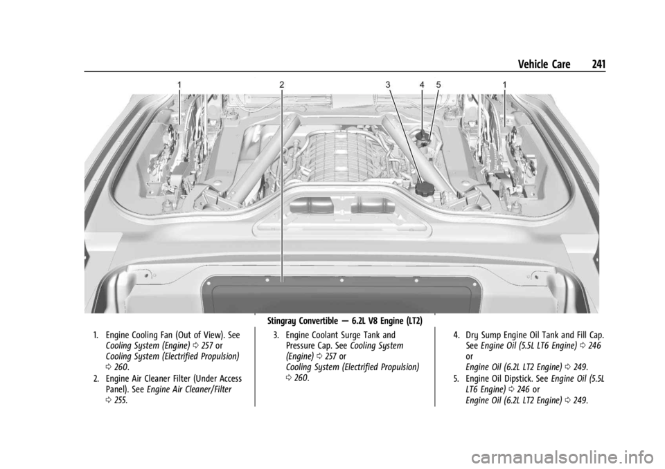 CHEVROLET CORVETTE 2024  Owners Manual Chevrolet Corvette Owner Manual (GMNA-Localizing-U.S./Canada/Mexico-
17272984) - 2024 - CRC - 2/20/23
Vehicle Care 241
Stingray Convertible—6.2L V8 Engine (LT2)
1. Engine Cooling Fan (Out of View). 
